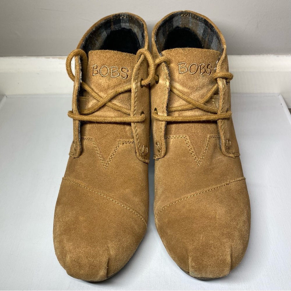 BOBS by Skechers Memory Foam Ankle Boots Women’s 7 Tan Lace Up Wedge Heel Bootie - Picture 6 of 15